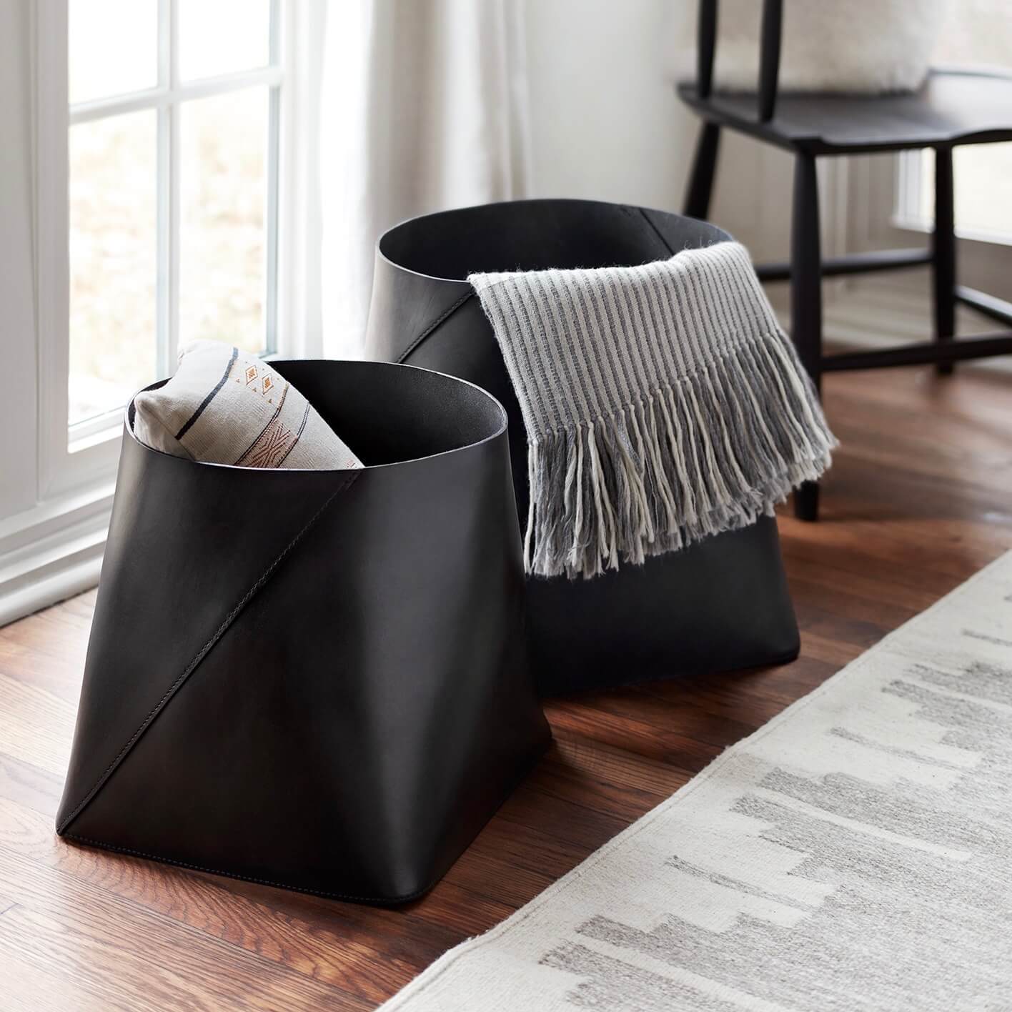 Azad Tall Leather Storage Bins - Black - Image 2